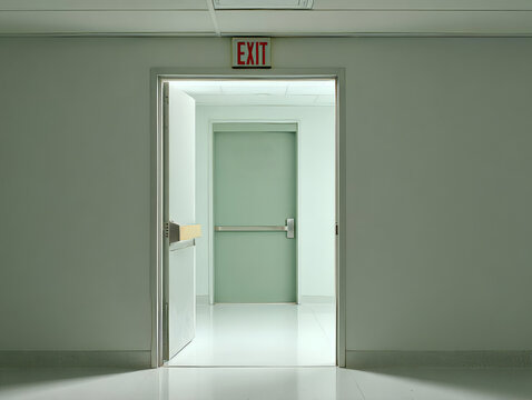 Fire exit door at the end of a corridor with clear signage and soft lighting for safety concept - Powered by Adobe