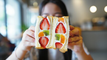 Fruit sando with fresh strawberries, kiwi, and tangerines held in hands, Japanese dessert trend, whipped cream filling, colorful and refreshing cafe treat, perfect for summer