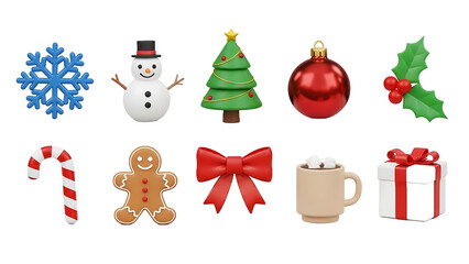 A delightful 3D collection of glossy Christmas holiday icons, including a snowman, tree, and gingerbread man, isolated on a white background