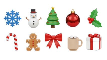 A delightful 3D collection of glossy Christmas holiday icons, including a snowman, tree, and gingerbread man, isolated on a white background