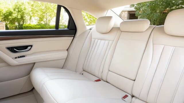 Luxury beige leather car backseat with headrest and natural light luxurious cream leather car