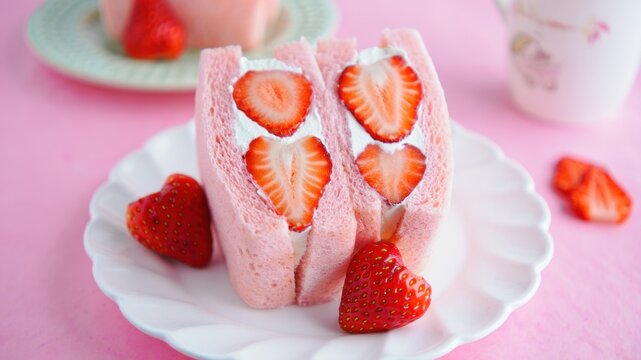 Strawberry fruit sandwiches with whipped cream on a white plate, pastel pink background dessert, Japanese snack, soft bread layers, cafe aesthetic, sweet treat, fresh fruit filling