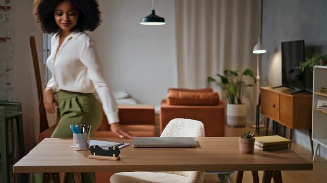 A woman entering a cozy home office, setting down on table. A warm and inviting atmosphere. Featuring a desk, chair, and other decor elements Stock Video
