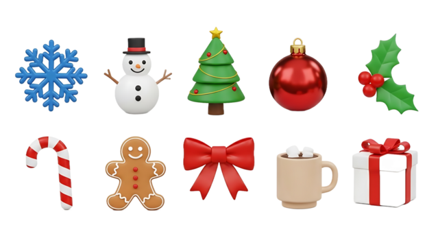 A delightful 3D collection of glossy Christmas holiday icons, including a snowman, tree, and gingerbread man, isolated on a white background