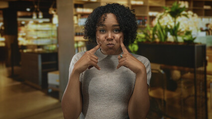 Woman with curly hair and puffed cheeks pointing index fingers up in building interior; playful excitement.