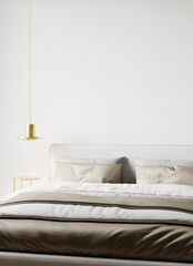 Cloud dancer color of the year 2026 white tone bedroom. Empty painted wall canvas art. Mockup light background interior design rich home or hotel. Accent color trend. 3d render