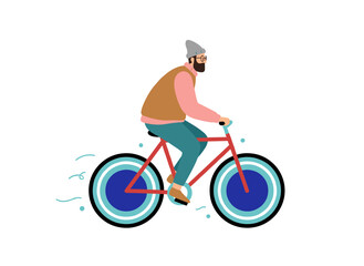 Naklejka premium A bearded hipster wearing a hat and casual attire pedals a city bike, depicted as a humorous male character in a flat cartoon vector style against a white background