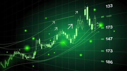 Stock market candlesticks trending upwards with dynamic neon light graphics