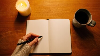Woman Writing Journal Warm Candlelight Coffee