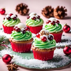 Cupcakes adorned with green frosting, red cranberries, and sugar snowflakes. 