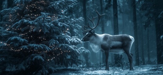 Fototapeta premium Reindeer standing in snowy forest with magical Christmas lights. Reindeer standing in deep snow, illuminated by magical Christmas lights in a winter forest