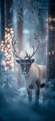 Fototapeta premium Reindeer standing in snowy forest with magical Christmas lights. Reindeer standing in deep snow, illuminated by magical Christmas lights in a winter forest