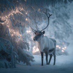 Fototapeta premium Reindeer standing in snowy forest with magical Christmas lights. Reindeer standing in deep snow, illuminated by magical Christmas lights in a winter forest