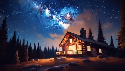 cozy log cabin under starry night sky