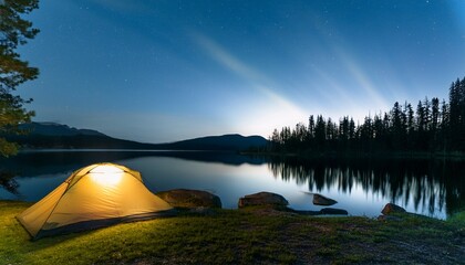 nighttime campsite by a lake