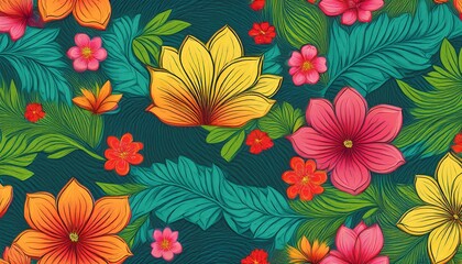 seamless pattern of vibrant floral pattern with colorful blossoms and green leaves on textured abstract background conveys cheerful and artistic design