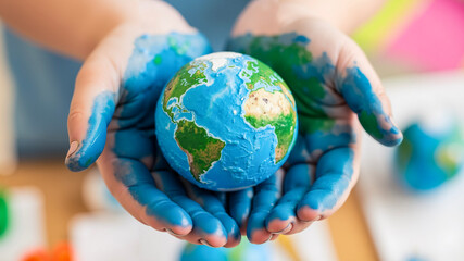 Child holding globe with painted hands in colorful classroom setting  