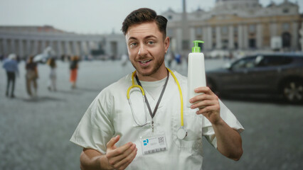 Young man with beard and stethoscope holds lotion bottle in st. peter's square, vatican, showcasing product outdoors in iconic location with tourists in the background.