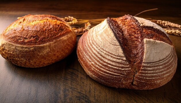 two loaves of rustic bread displayed on a table - Powered by Adobe
