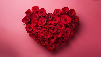 heart shape made of red roses on solid pink background