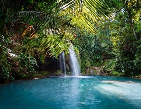 lush waterfall cascading into a tranquil pool amidst dense tropical foliage - Powered by Adobe