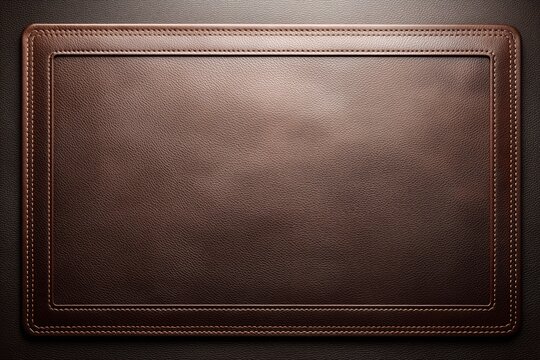 Brown leather desk mat with double-stitched border on dark surface