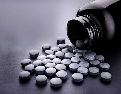 melatonin tablets spilling from black bottle n sleep aid concept