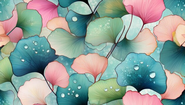 seamless pattern of abstract background with soft ginkgo leaves in green blue and pink tones covered with delicate water drops creating a fresh and dreamy texture