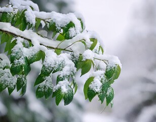 snow covered branches with vibrant green leaves