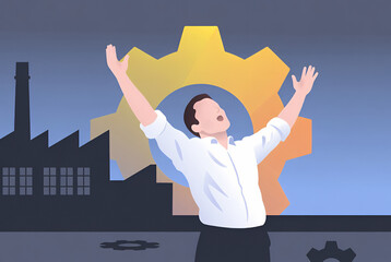 Illustration of a man raising hands in front of factory and gear background symbolizing Labor Day celebration.
