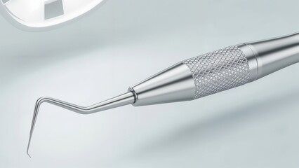 Dental scaler instrument close-up in professional metallic style with silver colors, precision oral care tool
