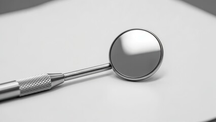 Dental mirror instrument close-up in professional metallic style with silver colors, precision oral care tool