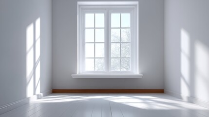 Fototapeta premium Bright and airy empty room with large windows casting soft shadows on white walls and wooden floor, ideal for interior design or renovation inspiration
