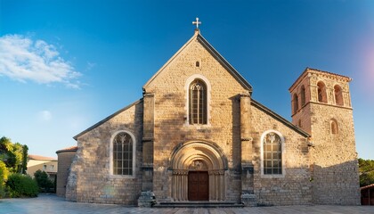 facade of a historic stone church sunlight on a building