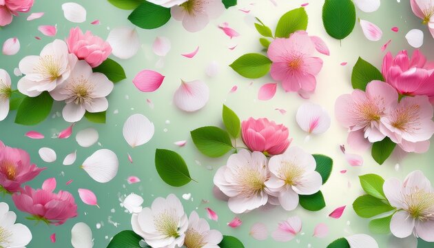 seamless pattern of colorful floral pattern with pink and white blossoms green leaves and soft petals falling gently like snow on a dreamy background
