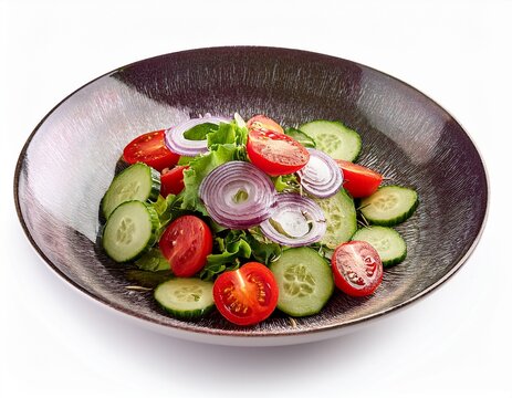 fresh healthy vegetable salad with cherry tomatoes cucumber and onion isolated on white background