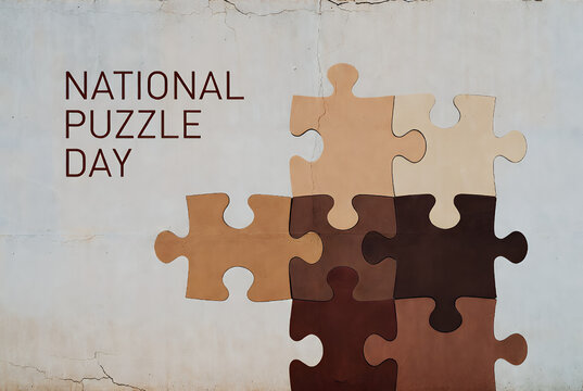 Brown and beige jigsaw puzzle pieces arranged on textured wall with National Puzzle Day text.

