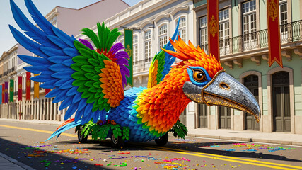 A colorful float featuring birds was installed on a city street during a Brazilian festival.