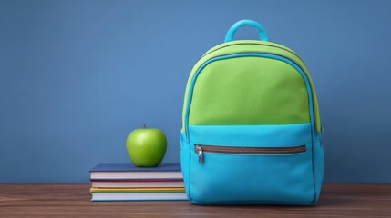 Colorful Backpack on a Wooden Table with Green Apple and Stack of Books Against Blue Background