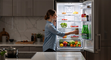 Woman opening a refrigerator in a modern kitchen at night. Person choosing a healthy late-night snack from a well-stocked fridge full of fresh food