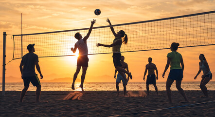 Group of friends playing beach volleyball on the sand at sunset. Silhouettes of people in action during a summer sports game. Active lifestyle and teamwork