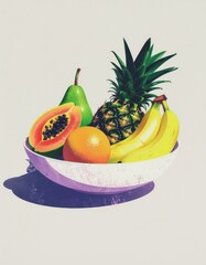 illustration of tropical fruit bowl with grainy texture