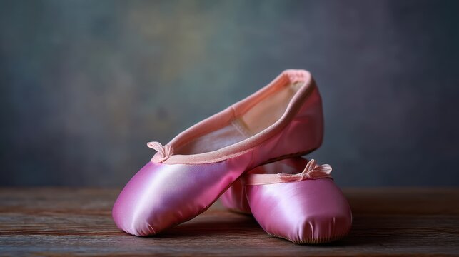 Delicate Pink Ballet Shoes on Wooden Surface with Soft Background, Perfect for Dance, Performance, Art, or Fashion Related Themes and Projects