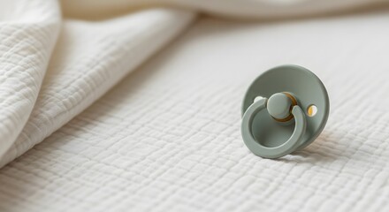 Close-up of a sage green pacifier resting on a soft white muslin crib sheet for newborn care concept and gentle comfort with copy space