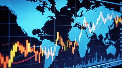 Financial market graph overlaid on a world map, representing global economy trends and data analysis. This image shows fluctuations