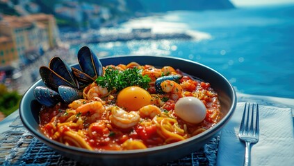 Seafood Pasta with Mussels and Shrimp Served Outdoors Overlooking Coastal Scenery