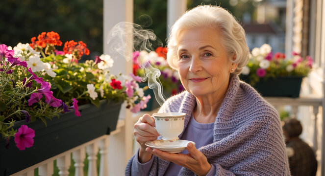 Happy senior woman relaxing on a porch with a cup of hot tea. Content elderly grandmother smiling in her garden surrounded by flowers. Peaceful retirement lifestyle - Powered by Adobe
