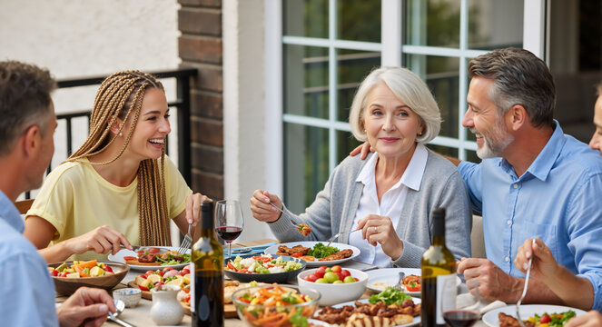 A happy multi-generational family enjoying a meal together outdoors on a patio. People smiling and talking during a summer lunch celebration. Family gathering and bonding concept