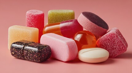 Mixed Colorful Candies and Jelly Sweets on Pink Background