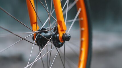 Close-up View of an Orange Bicycle Wheel with Spokes and Hub in a Soft Focus Background Highlighting the Details of Modern Cycling Design and Craftsmanship